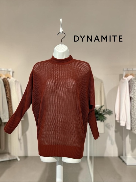Dynamite Sweaters - Dynamite, Rust Open Knit Mock Neck Sweater Stretch Pullover, Small